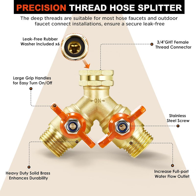 Qvamodo Full Flow Hose Splitter, Hose Splitters 2 Way Heavy Duty Brass Faucet Splitter with Shutoff, All Metal Hose Y Spigot Splitter 2 Way, Outdoor Faucet Water Hose Splitter, Y Valve Tap for Outdoor Faucet - Image 2